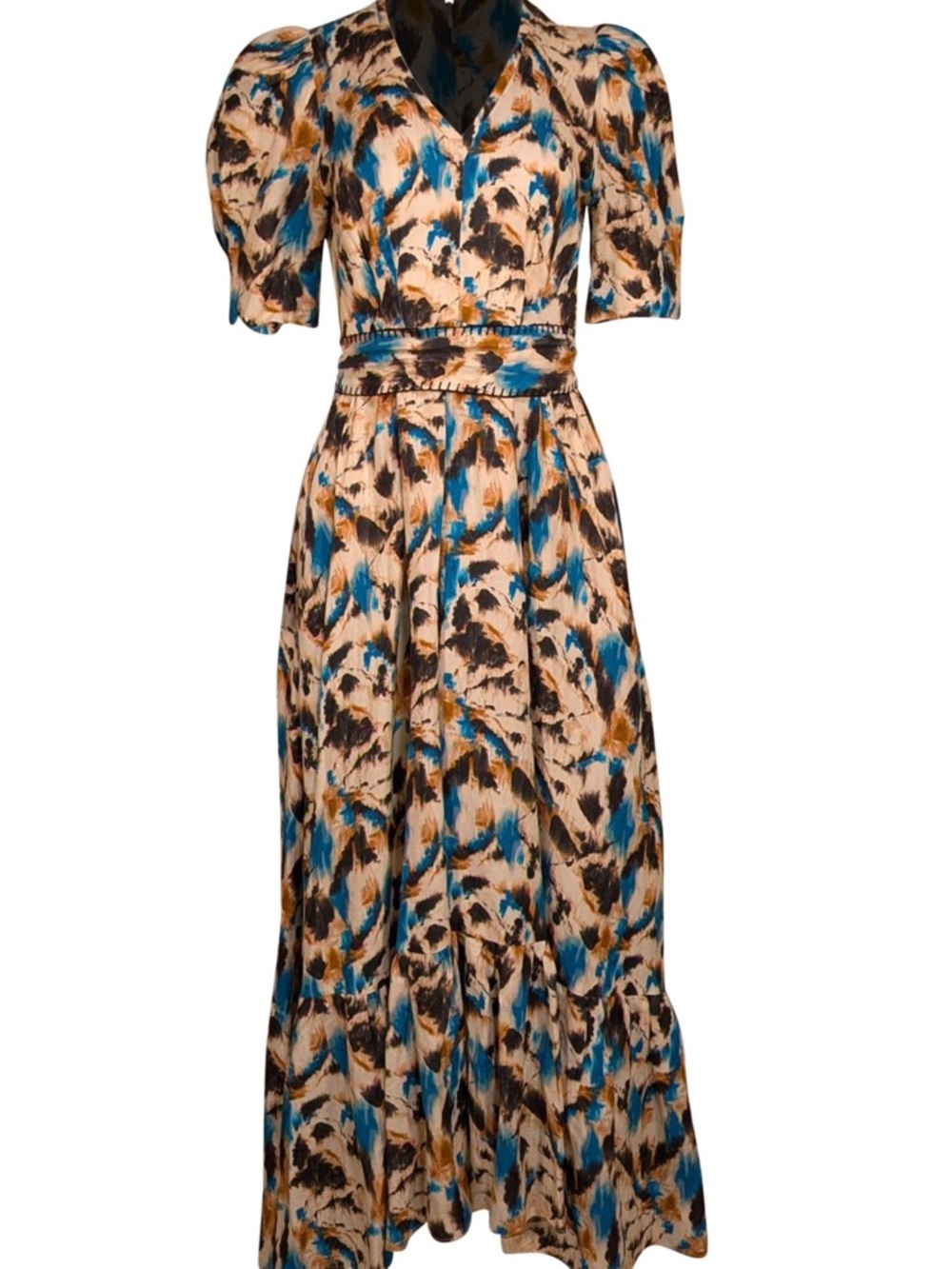 HUNTER BELL Anthropologie Blue and Tan Abstract Print V-Neck Maxi Dress